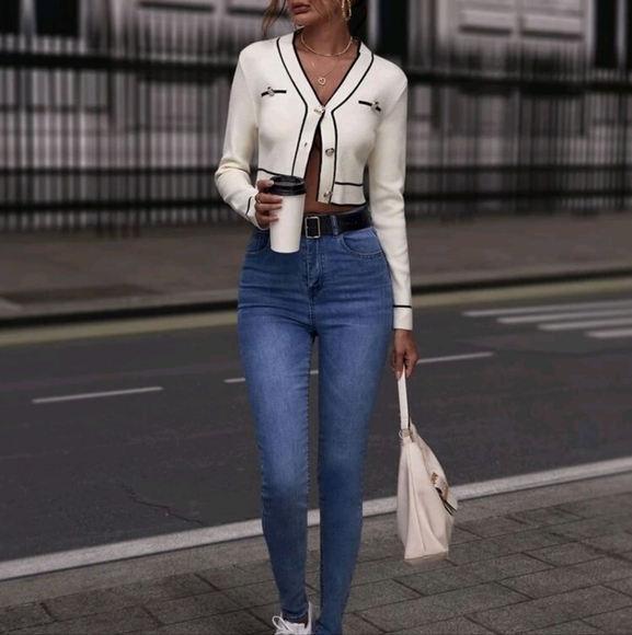 White Cardigan Contrast Binding Button Front Cardigan,Long Sleeve Tops - Picture 3 of 4